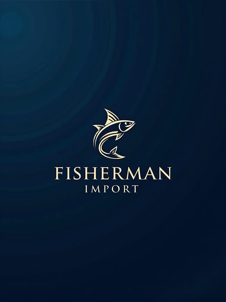 create for me a logo where the name is FISHERMAN IMPORT in blue colors, new design log something standard vip, We operate with fish imports