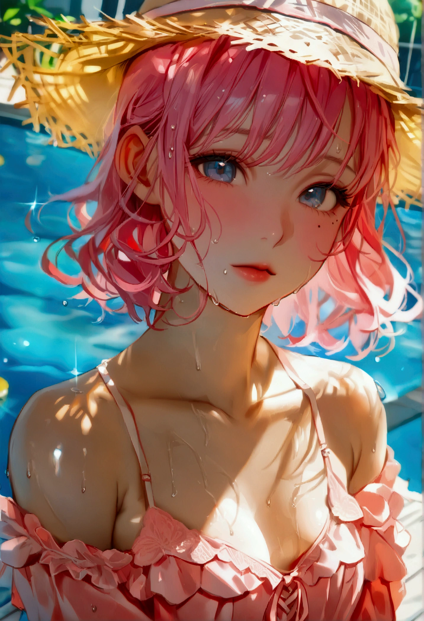 (1 girl),(Best Picture Quality, 8K, Masterpiece:1.3), (18year:1.5), ((pink lob hair:1.1)), (bob cut),(swept bangs), (cute eyes, pupil black, iris skyblue, youthful face), (mole under right eye), (standard weight), (small breasts), (glistening skin:1.1),(pale skin:1.2), (poolside), ((off shoulder lace up pink dress)),((straw hat)),(wet:1.1).