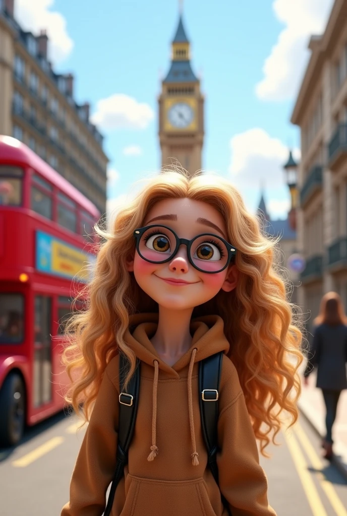 Pixar-style: white girl with dark eyes and long curly blonde hair doing an exchange in London. She wears black round glasses. 
