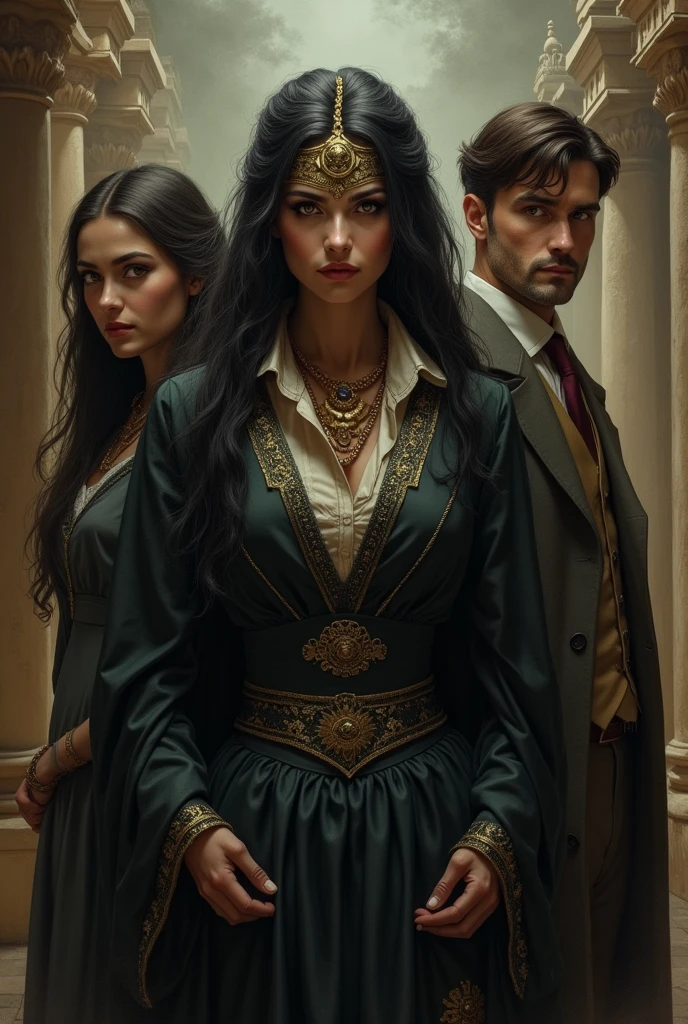 1. **Margaret Trelawny**:
- **Appearance**: Margaret is often described as a beautiful young woman, with an appearance reminiscent of royalty. She has fine, aristocratic features, perhaps with long, dark hair that contrasts with her fair skin. His eyes could be piercing, possibly green or brown, reflecting the mysterious heritage of his family.
2. **Abel Trelawny**:
- **Appearance**: Abel Trelawny is a stubborn and elderly archaeologist. He likely has a weather-beaten face, with wrinkles that suggest his experience and wisdom. His hair could be gray or white, with eyes that gleam with intellectual curiosity. He might have a serious countenance, with a gray beard or mustache that complements his scholarly appearance.
3. **Queen Tera**:
- **Appearance**: Queen Tera, the central mummy in the story, could be visualized as a woman of almost ethereal beauty, with classic Egyptian features. Even mummified, her presence would be majestic. Revived, she could have bronze-toned skin, almond-shaped eyes with an intense and penetrating gaze, and hair as black as ebony, caindo em cascata ao redor de seu rosto. Her expression would be enigmatic, perhaps with a slight smile that suggests ancient secrets.
4. **Malcolm Ross**:
- **Appearance**: Malcolm Ross, the narrator and protagonist, can be visualized as a handsome man, with strong features and an honest expression. He could have dark brown hair, cut short, with light eyes that reflect her curious and investigative nature. Her posture would be straight and determined, suggesting a resolute and trustworthy character.