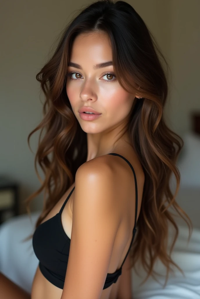 fille y aux yeux bruns, longs cheveux bruns et grands yeux, selfie d'une jeune femme, Yeux de chambre, violette myers, sans maquillage, maquillage naturel, Tournez-vous pour regarder la caméra, Visage avec Artgram, Maquillage subtil, Superbe photo du corps entier, sous vetement noi5 ans