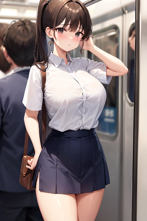 (NSFW)、(((Masterpiece、Detailed、Highest quality、Realistic texture、Tabletop)))、((Big Breasts))、(((crowded train)))、(((White short sleeve shirt)))、tits、(((Blue tie、Navy Skirt、Navy blue socks、Brown Loafers)))、(((Spread your legs、Masturbation)))、(((Detailed膣、Overflowing love juice)))