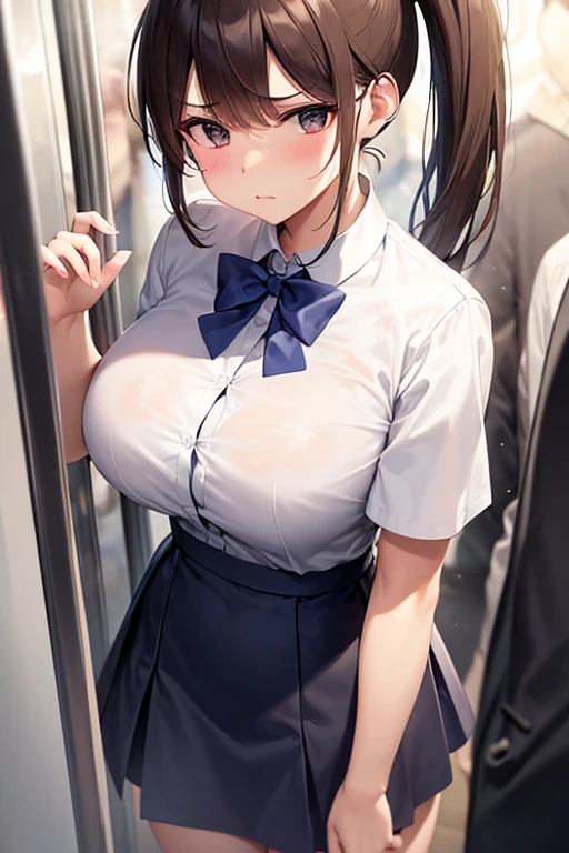 (masterpiece, best quality), nsfw, 1girl, standing, undressing coat, close-up face, from above, BREAK girl, 20 years old, brown hair, medium long hair, ponytail, (straight hair:1.1), (braid:0.8), grey eyes, ultra detailed eyes, (huge breasts:1.1), hanging breasts, (tareme:1.3), (torogao:1.3), sleepy, nose blush, heavy breathing, steam, BREAK girl wearing , (white collared shirt:1.2), long sleeves, red neck ribbon, beige duffel coat, (blue checked skirt:1.2), open clothes, nipples, bare breasts BREAK background in train