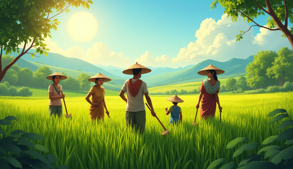 Ramesh's family, working in a lush green paddy field, with traditional farming tools under the bright sun."