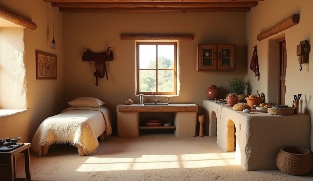 a backdrop for a stage set, it's inside an adobe house, on the right is the stone kitchen, Be, utensils and food: Herbs, There is bread and to the left in the same room is the bed with sheepskin blankets, not too exaggerated, without food on the bed, and above a window,without appliances, that the mud walls can be seen, On the wall hanging 1 saddle and a wooden cupboard