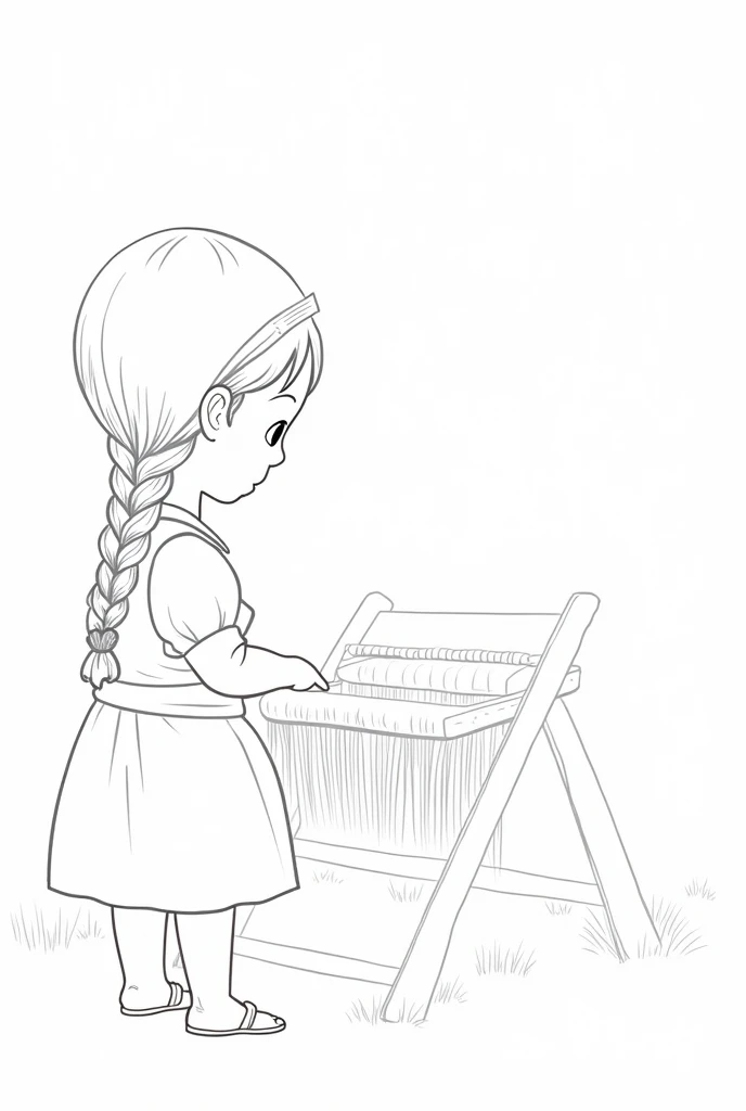 A peasant girl weaving on a loom is a cartoon coloring page .
The girl must be from the countryside with braids
The image must be in black and white
That she is facing away, weaving the loom .
Make the image of the girl bigger