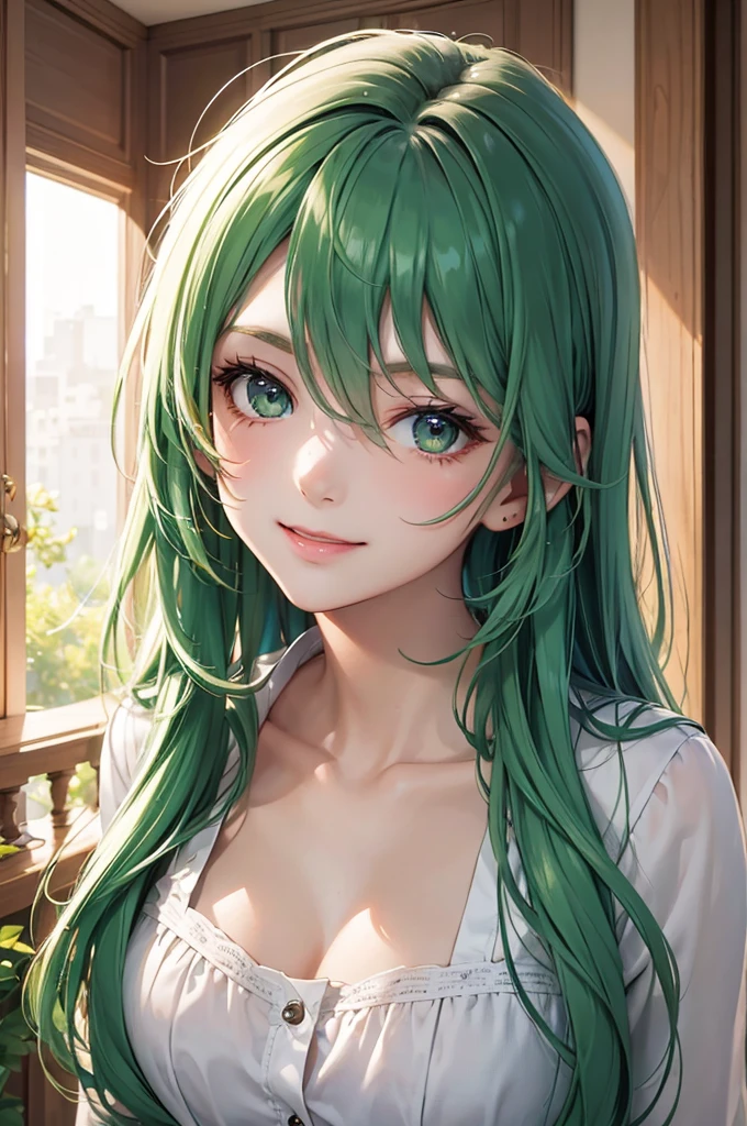 Best Quality,High resolution,8k,finelity detailed background,Masterpiece:1.2),beautiful girl,Shiny green hair,messy hair,Green Eyes,Gentle look,A refreshing look,smile,Best quality,Best Quality,Aesthetic and aesthetic:1.2,Best details((Super detailed))(High-definition CG illustrations),summer uniform,Slender body,Inside the room,smile,blush,cute,Scrounge,Looking up,Being spoiled,super model