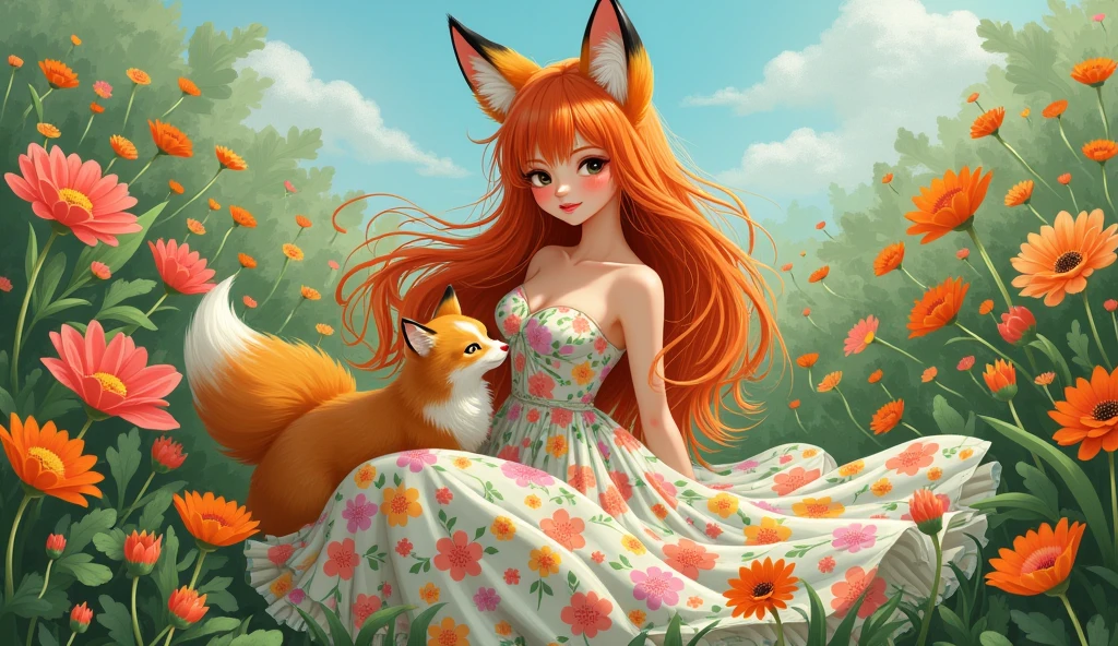 absurd, high resolution, Extremely detailed, (1 Girl:1.3), (medium breasts:1.5), Hand Painted, Simple lines, 18-year-old girl wearing colorful Casual Floral dress, Sexy fox ears girl, By the lush flower field playing with a cat, masterpiece, sitting in flower field, Floating clothes, Flowing hair