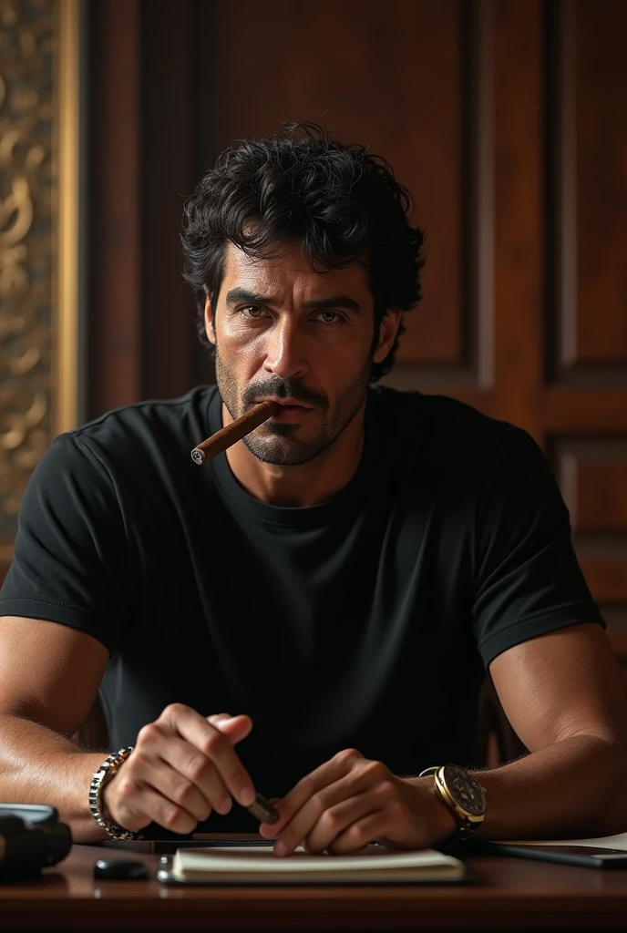 Tony Montana, portrayed by Al Pacino, sitting at his desk smoking a cigar, wearing a plain black oversized t-shir