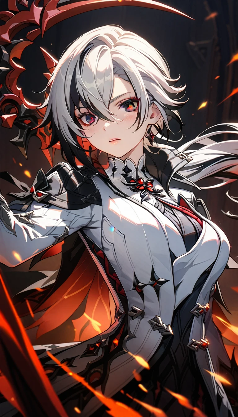 1girl, red blood scythe on hand, blood fire background, Arlecchino, arlecchino (genshin impact), red eyes, layered hair, grey and black hair, ponytail,Arlecchino, arlecchino (genshin impact), red eyes, layered hair, grey and black hair, ponytail,(masterpiece:1.5), (8k details:1.3), (unlimited details:1.2), (best eyes:1.4), (ultra clothes details:1.3), (highly detailed background), (vibrant colors), (dynamic lighting), (realistic skin texture), (intricate patterns), (sharp focus), (full-body view), (natural poses), (expressive emotions), (cinematic composition)