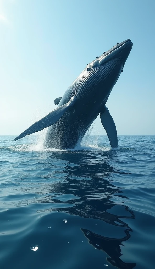 A whale rising to the ocean surface, modern day, in the vast sea, with its back arched as it takes a breath, the endless ocean in the background, wide shot, hyper-realistic, photo realism, cinematography --ar 9:16.