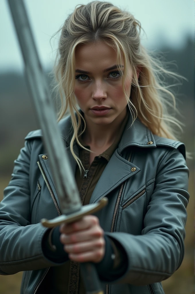 A female with blond medium sized hair with brown eyes wearing a grey leather jacket holding a sword