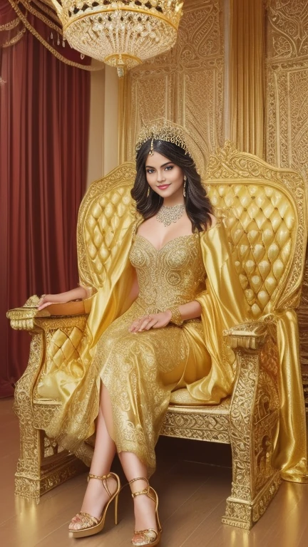 (beautiful regal woman), (ancient Persian princess in a royal palace), (((captivating eyes))), (graceful:1), (elegant:1), (((sitting gracefully on a jeweled throne))), (poised posture), extravagant, flawless skin, light makeup, (((golden ornaments))), (((luxurious decor))), ((serene smile)), (((elaborate headdress))), (((flowing silk gown))),(((intricate henna tattoos))), (((high heels))),(((slim physique))), (traditional Persian attire), ((embroidered shawl)), ((golden arm cuffs)), Jeweled crown, pearl necklace, gold bangles, emerald ring, jeweled waist belt, ((ornate fan)),, silk ankle bracelets, golden high-heeled sandals, ((radiant aura)), chiaroscuro lighting, cinematic composition, ((hard erected nipples)),((( lift gown))), (((show vagina)))
