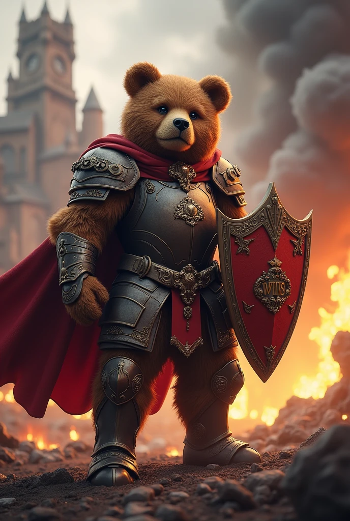 Create an epic image with the title &#39;Guardian of Rutielle&#39;. The scene must be a grand battle, with an epic war background, including elements such as ruined castles, flames and a dramatic atmosphere. En el centro de la imagen, highlight a robust and fearless teddy bear, dressed in elegant armor and a cape, which symbolizes protection. The teddy bear should be holding a shield with the &#39;Winds Wins&#39; logo, representing the game points. Make sure the teddy bear conveys a sense of nobility and bravery., standing out as the true guardian and protector