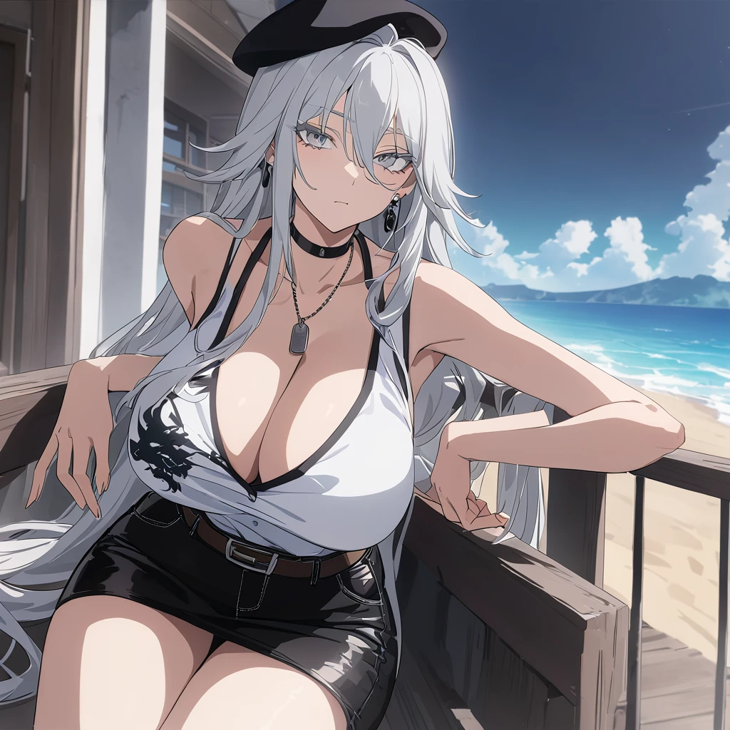 sovetsky_Soyuz, grey hair, long hair, white dragon shirt, unbuttoned, earrings, black mini skirt, sun glasses, black beret, choker, dog tag necklace, belt, accessories, long sleeves, shoulder cutout, leggings, Cleavage, large breasts, first rate breasts, busty, grey eyes, sharp eyes, Long eyelashes, symmetrical eyes, eye shadow, ominous vibe, expressionless, stoic, relaxing, Ultra quality, UHD, high detail, anime aesthetic, Anime screenshot, Ultra quality, UHD, high detail. Vacation, leaning back, balcony, beach background, arms crossed