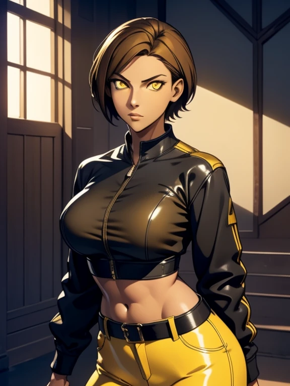 1girl, solo, 26 years old, tomboy, short hair, brown hair, (yellow eyes:1.5), tan-bronze skin, tan-skinned female, athletic figure, medium breasts BREAK opened blue jacket, black strapless top, (midriff), belt, shiny black leather pants BREAK looking at viewer, BREAK indoors, BREAK (masterpiece:1.2), best quality, high resolution, unity 8k wallpaper, (illustration:0.8), (beautiful detailed eyes:1.6), extremely detailed face, perfect lighting, extremely detailed CG, (perfect hands, perfect anatomy),
