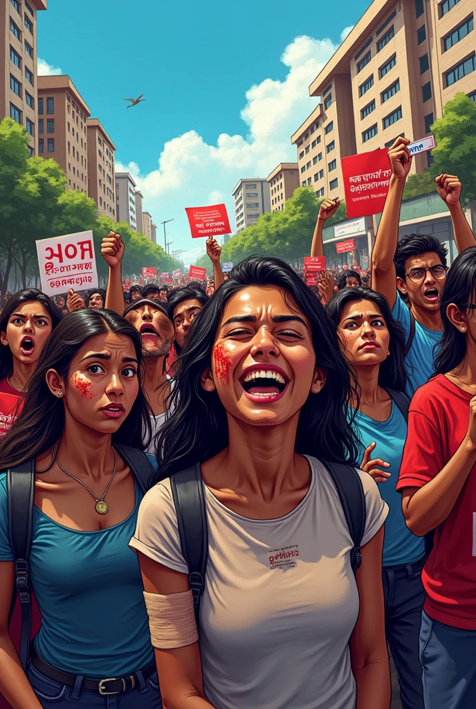 A colourful and creative art about quota protest in Bangladesh.(Must include both male and female characters,but they are students)It should show that some of them are injured.

(It must be easy to draw)