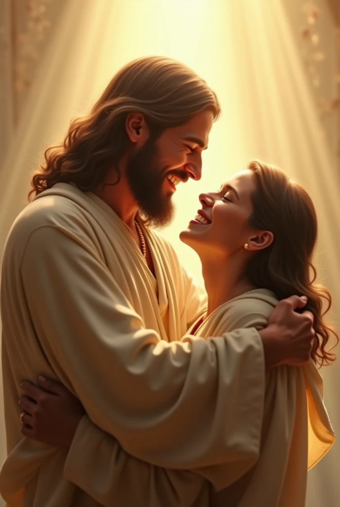 Person being hugged by JESUS happy in heaven, Jesus with a light covering his face