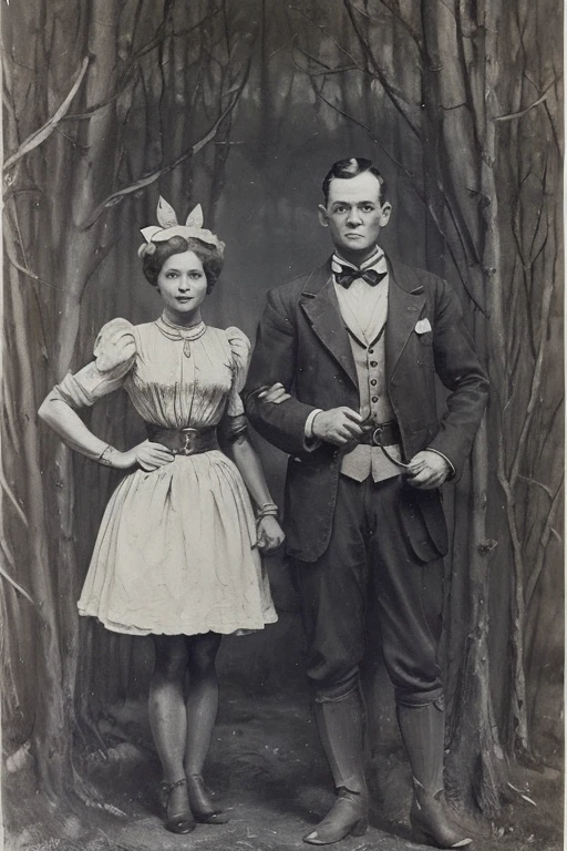 Shrek and fionna like humans, 1900s, black and white tone