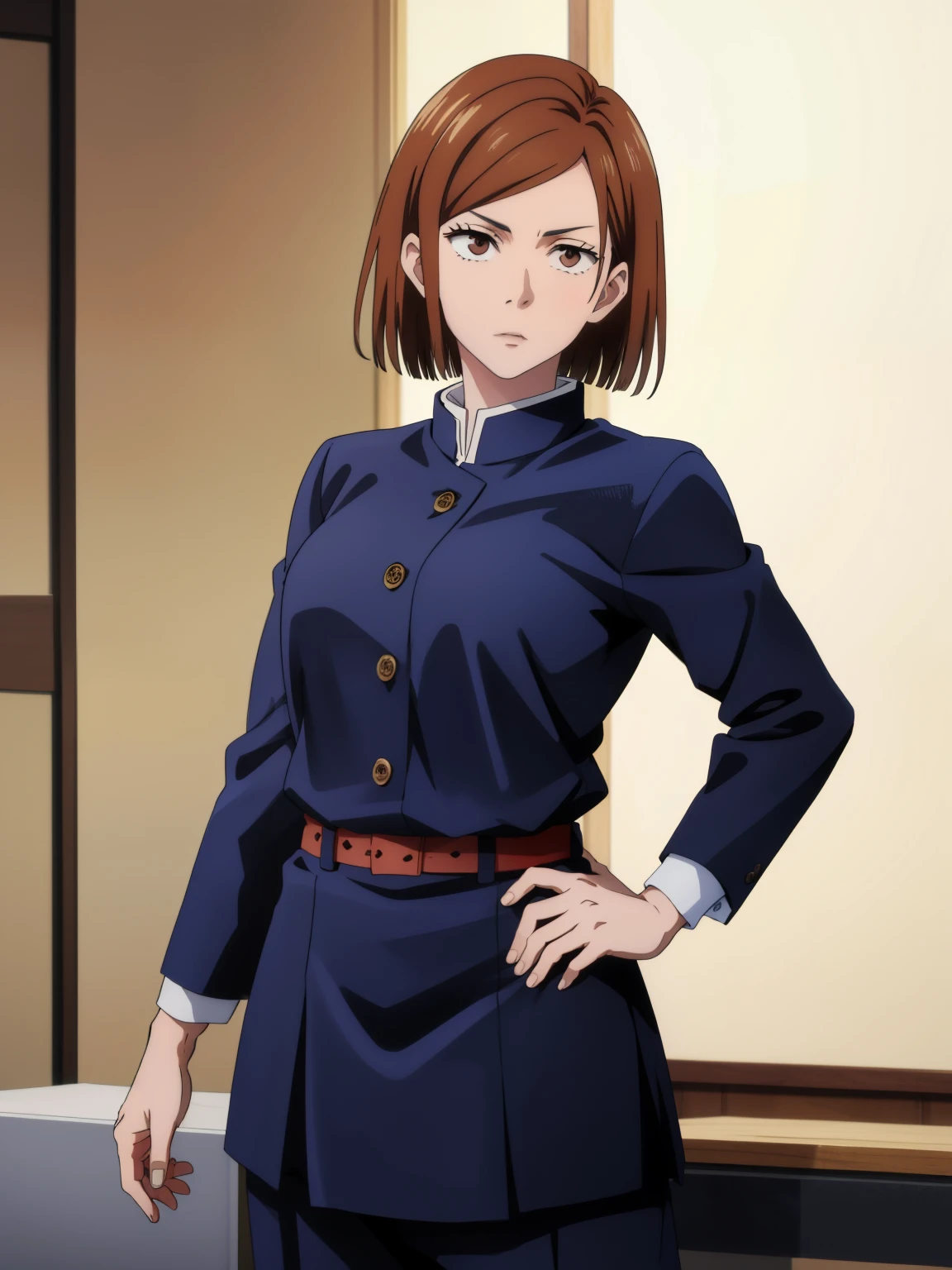 Jujutsu Kaisen,Nobara Kugisaki ,woman,((1 person)), (Highest quality, 4K, 8k, High resolution, masterpiece:1.2), Very detailed, alone, ,Brown Hair, Brown eyes, short hair, Looking at the audience、school uniform
