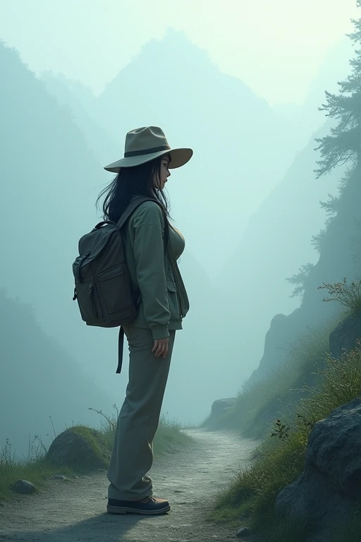 From front,masterpiece,HDR,illustration,Anime,bokeh,1 girl,black hair,big breasts,earring,jacket,long pants,safari hat,backpack,She looks up,She grabs the shoulder straps of her backpack,White thick fog,The whole area is covered with white fog,morning mist,mountain trail
