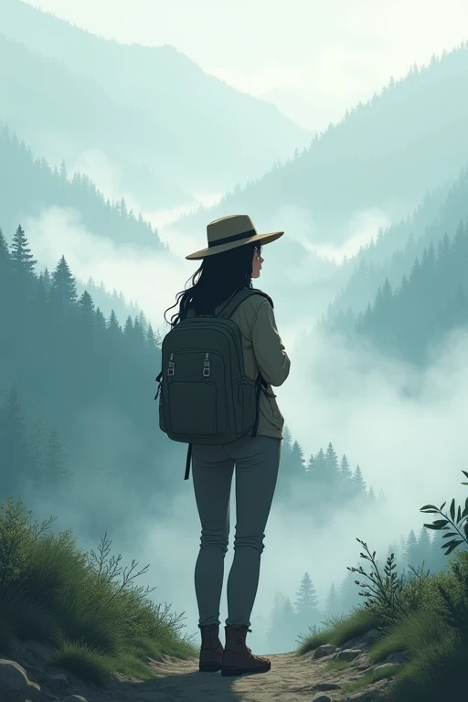 From front,masterpiece,HDR,illustration,Anime,bokeh,1 girl,black hair,big breasts,earring,jacket,long pants,safari hat,backpack,She looks up,She grabs the shoulder straps of her backpack,White thick fog,The whole area is covered with white fog,morning mist,mountain trail