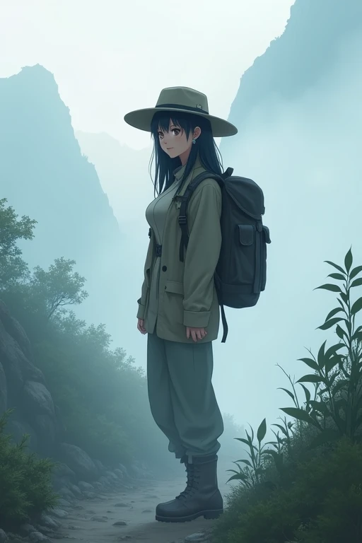 From front,masterpiece,HDR,illustration,Anime,bokeh,1 girl,black hair,big breasts,earring,jacket,long pants,safari hat,backpack,She looks up,She grabs the shoulder straps of her backpack,White thick fog,The whole area is covered with white fog,morning mist,mountain trail