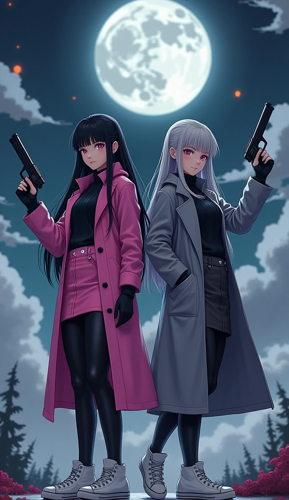 (Two young womens, long black hairs, yuri, Vampire Hunters
The first young women pink eyes wear a pink long coat, black shirt, pink pencil skirt, black underpants, black tights, black gloves, white sneakers high top.
The second young women grey eyes wore a grey long coat, black shirt, grey pencil skirt, black underpants, black tights, black gloves, white sneakers high top.
holding a pistol handguns, black grey sky, fantastic night sky, moon, cartoon novel, 4K, HD