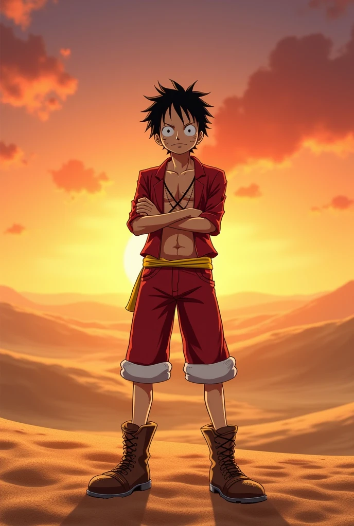Luffy stands with a relaxed pose, Arms folded across his chest, in the middle of the barren desert with the sun setting in the distance. He wore a red combat suit with white and yellow accents, and thick brown leather boots.