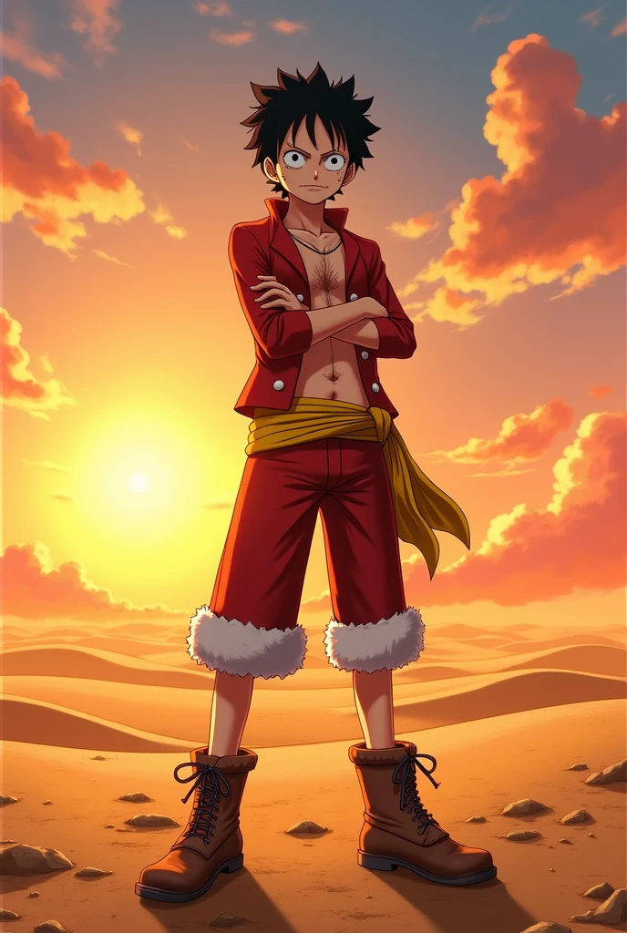 Luffy stands with a relaxed pose, Arms folded across his chest, in the middle of the barren desert with the sun setting in the distance. He wore a red combat suit with white and yellow accents, and thick brown leather boots.
