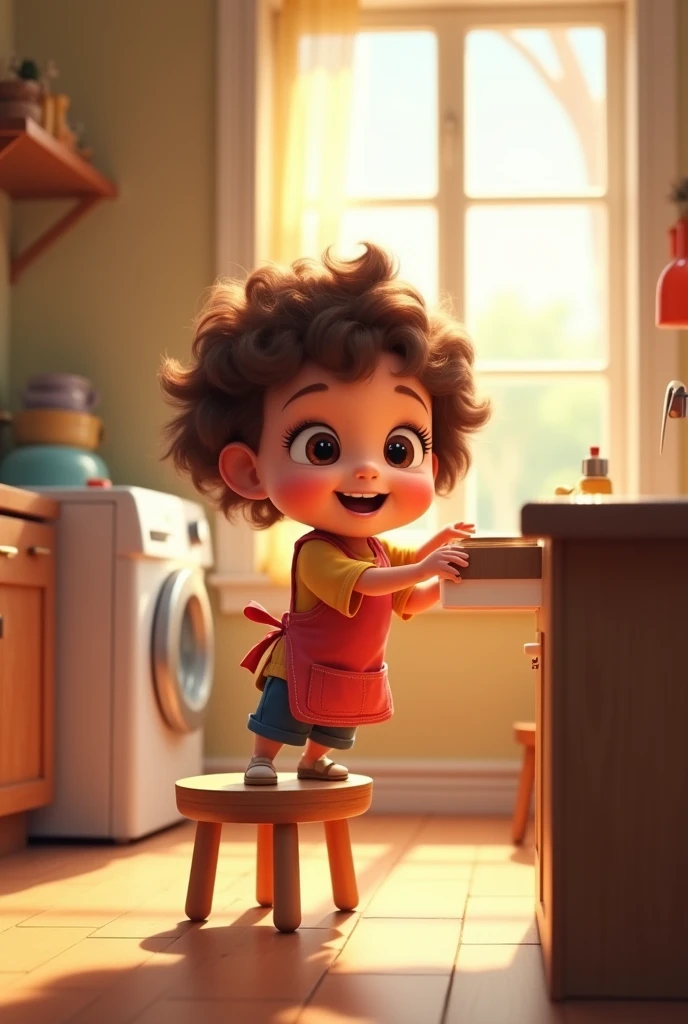 Create an animated image depicting a three-year-old child with dark brown curly hair helping with household chores.

