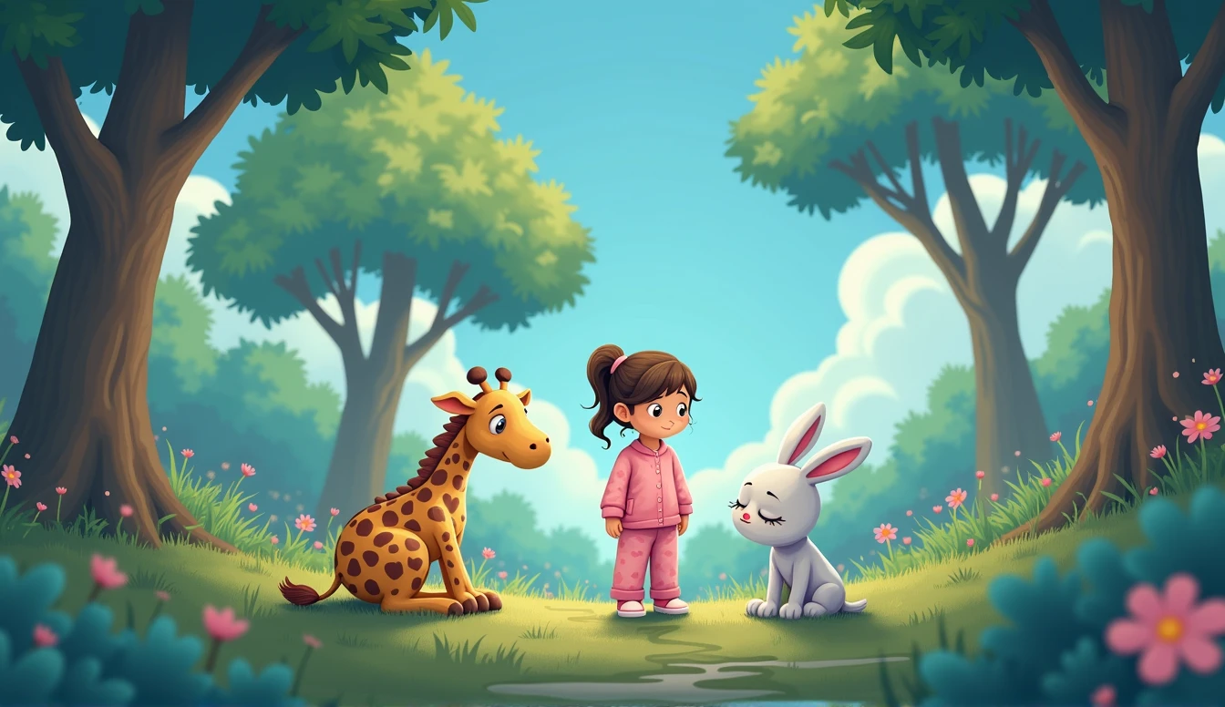 A sad cartoon bunny sits under a tree, Next to him sits a plush giraffe toy and a little cartoon girl in pink pajamas.