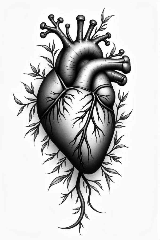 Create me a tattoo with an anatomically correct heart from which tendrils and plants grow. in black