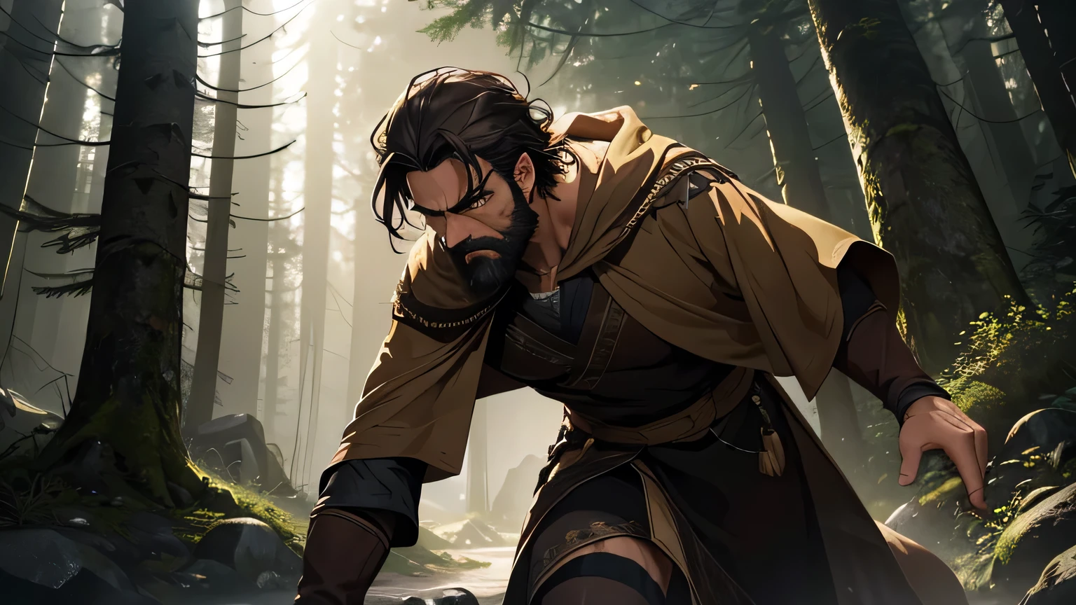 Scared man with dark brown beard, long dark brown hair, light yellowish brown eyes and dark brown and light brown robe from the 4th century BC, with a light brown cloak, about 50 years old, running in a dark and mysterious forest at night, running in the forest, moody lighting, hyper-realistic cinematic lighting,