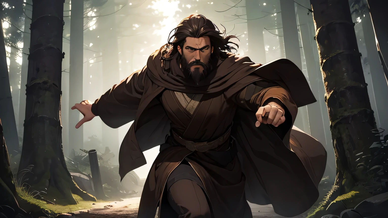 Scared man with dark brown beard, long dark brown hair, light yellowish brown eyes and dark brown and light brown robe from the 4th century BC, with a light brown cloak, about 50 years old, running in a dark and mysterious forest at night, running in the forest, moody lighting, hyper-realistic cinematic lighting,