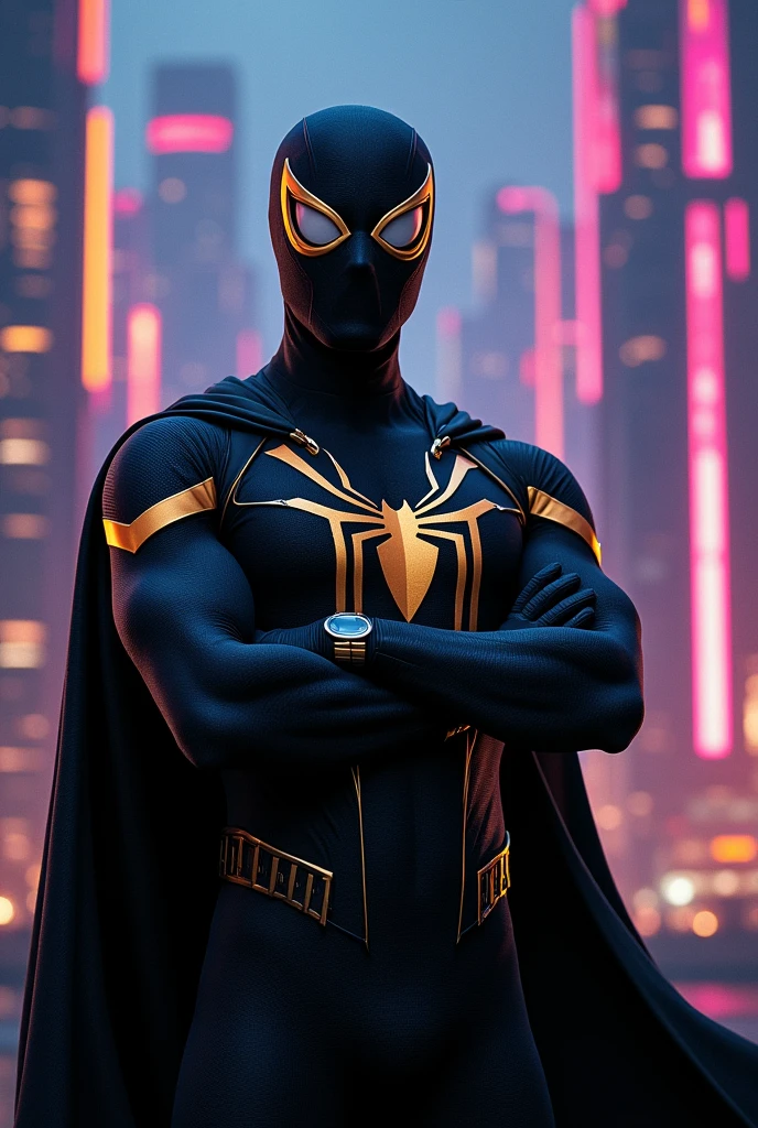 Spiderman stands with a relaxed pose., Arms folded across his chest, against the backdrop of a magnificent futuristic city at night., He was adorned with colorful neon lights. He wore a black superhero cape with a golden emblem on his chest., and matching black pants and shoes."