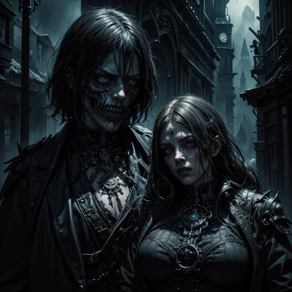 a detailed portrait of an undead woman in a steampunk uniform, standing in the foreground of a semi-abandoned gothic village street, her face partially obscured by shadows, eyes glowing with a supernatural intensity, next to her are several grotesque and surreal undead characters, the scene has a moody and eerie atmosphere, (best quality,4k,highres,masterpiece:1.2),ultra-detailed,photorealistic,horror,cinematic lighting,dramatic shadows,moody atmosphere,rich colors,intricate details,surreal elements,gothic architecture