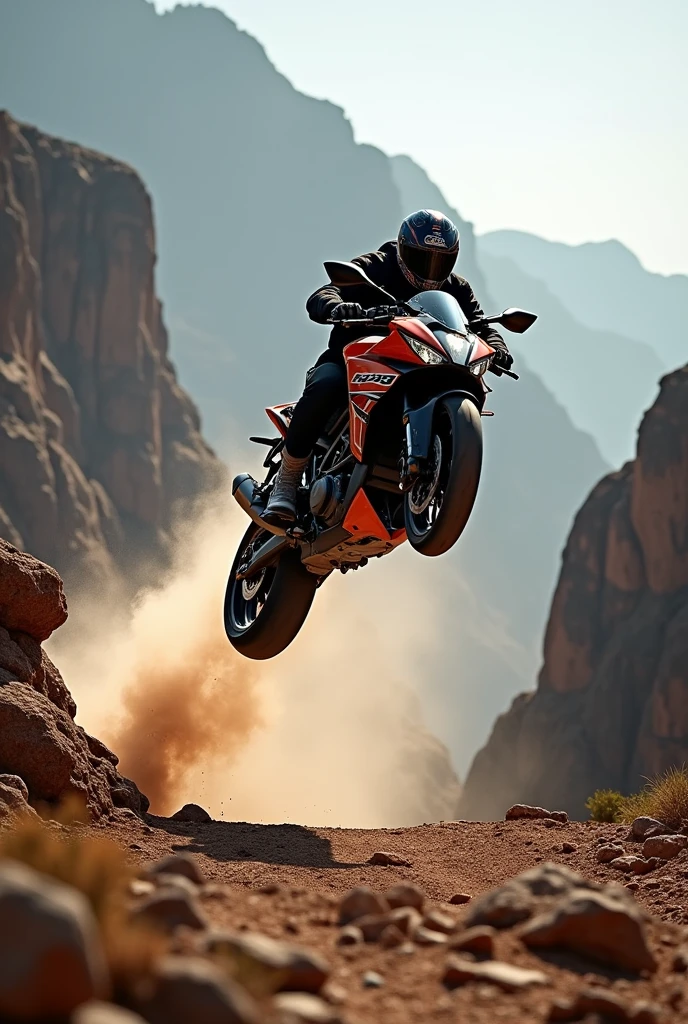 KTM 1290 Superduke jumps over a ravine