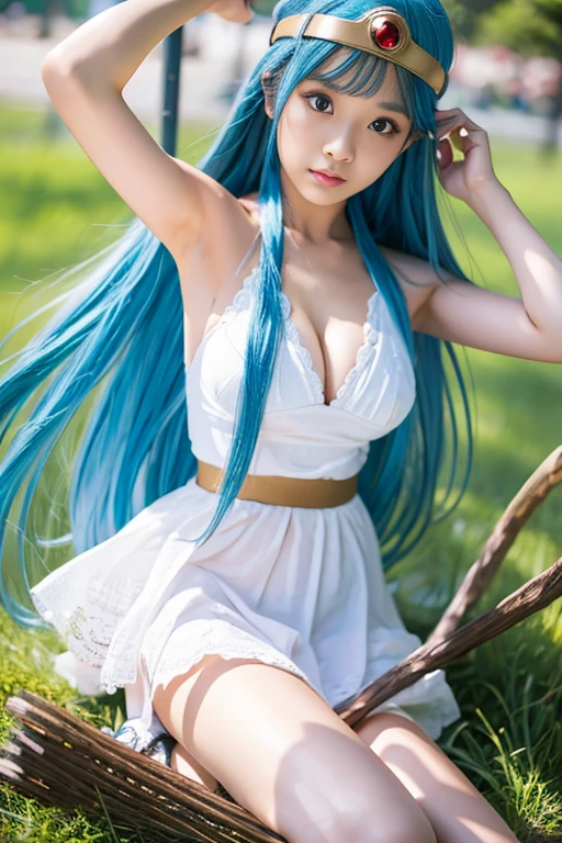 masterpiece、美しい少女1 person、Beautiful Eyes、Puffy eyes、Highest quality, 超High resolution, (reality: 1.4), Cinema Lighting、Japanese、Asian Beauty、Korean、so beautiful、Beautiful Skin、Body facing forward、Face close-up、(超reality的な)、(High resolution)、(8k)、(Very detailed)、(美しくBeautiful Eyes)、(Very detailedな)、 (wall-)、Detailed face、Bright lighting、Professional Lighting、Looking at the audience、Look straight ahead、Diagonal bangs、Bright light Blue Hair、Nogizaka Idol、Korean Idol、Fiery idol pose、、Age 25、masterpiece, Highest quality, Very detailedな, shape, Sage_(dq3), 1 person, (holding staff, staff:1.3), alone, Long Hair, Blue Hair, Circlet, Red eyes,Small breasts,underwear, boots, Cleavage, Exposing shoulders, underwear, Are standing, Upper Body, Grass, Wind power increase, Simple Background, White Background,Spread your legs