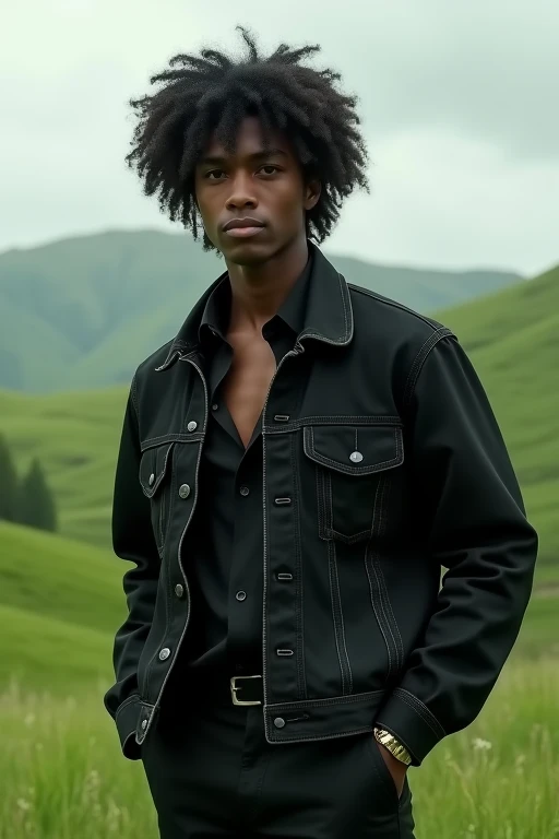 20 years man... extremely good-looking 
Otherworldly attractive
Sexy and hot 
Black skin tone
He has black eyes, black curly hair. He's about 5'9 and usually wears a black jeans jacket and pant combo.   
Fond...hill