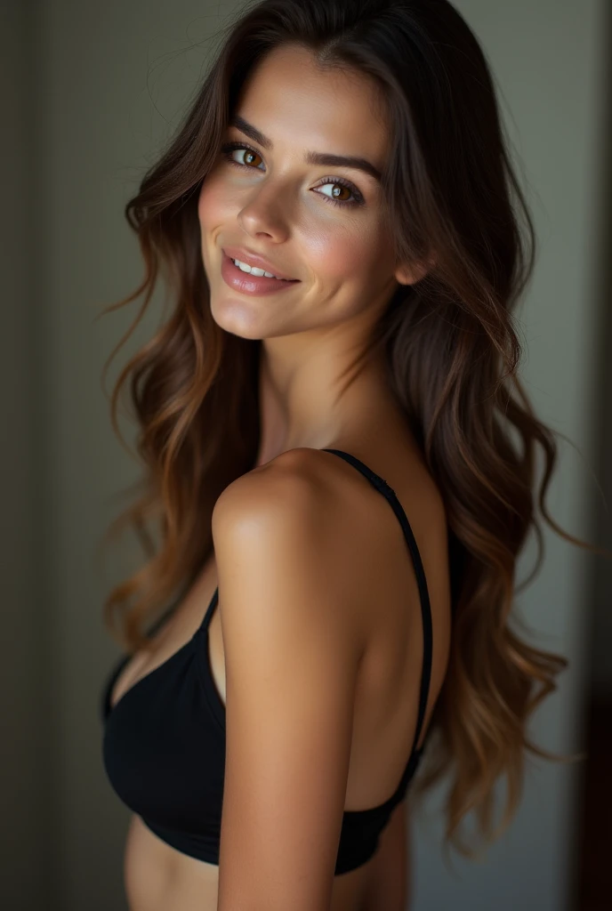 fille sexy aux yeux bruns, longs cheveux bruns et grands yeux,une jeune femme,sourire, sans maquillage,Visage avec Artgram, Maquillage subtil, Superbe photo du corps entier, sous vetement ????, 25 ans
