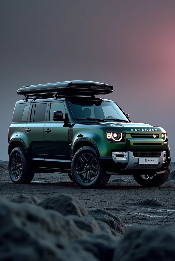 Brand new ((full option)(land rover defender 110 model 2024)) 5 door defender in dark greenish colour and (ceramic coating help shining body) with defender roof carrier and side ladder. Diamond cut alloy wheels at (minimum ground clearance). Dark violet sky and dark grey soil. 