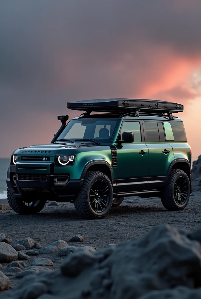 Brand new ((full option)(land rover defender 110 model 2024)) 5 door defender in dark greenish colour and (ceramic coating help shining body) with defender roof carrier and side ladder. Diamond cut alloy wheels at (minimum ground clearance). Dark violet sky and dark grey soil.