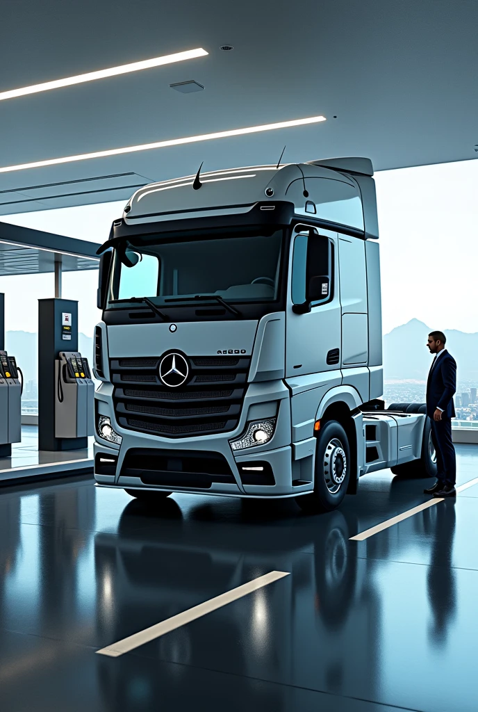 Mercedes Actros truck, refueling at a futuristic gas station, the well-dressed driver next to it