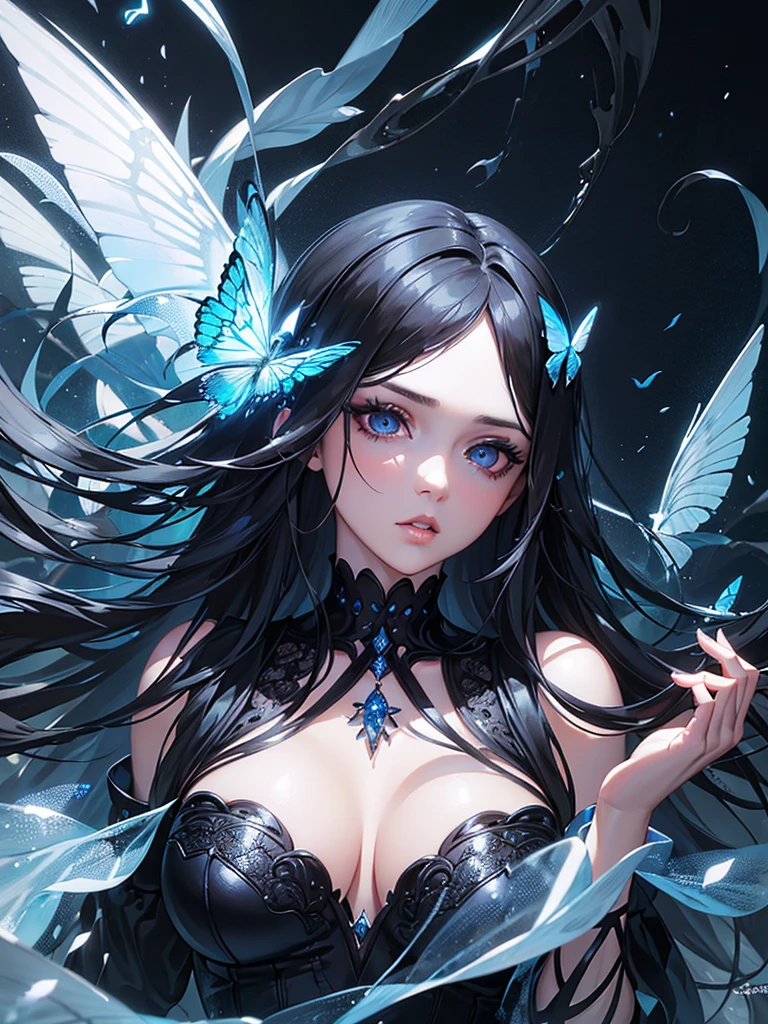 A beautiful young girl with long black hair and bangs, teary blue eyes, wearing gothic style clothing, surrounded by blue butterflies, (best quality,4k,8k,highres,masterpiece:1.2),ultra-detailed,(realistic,photorealistic,photo-realistic:1.37),intricate,elegant,melancholic,dramatic lighting,dramatic shadows,cinematic composition,highly detailed face,extremely detailed eyes and face,longeyelashes,beautiful detailed eyes,beautiful detailed lips,1girl,dark fantasy,moody,ethereal,emotive
