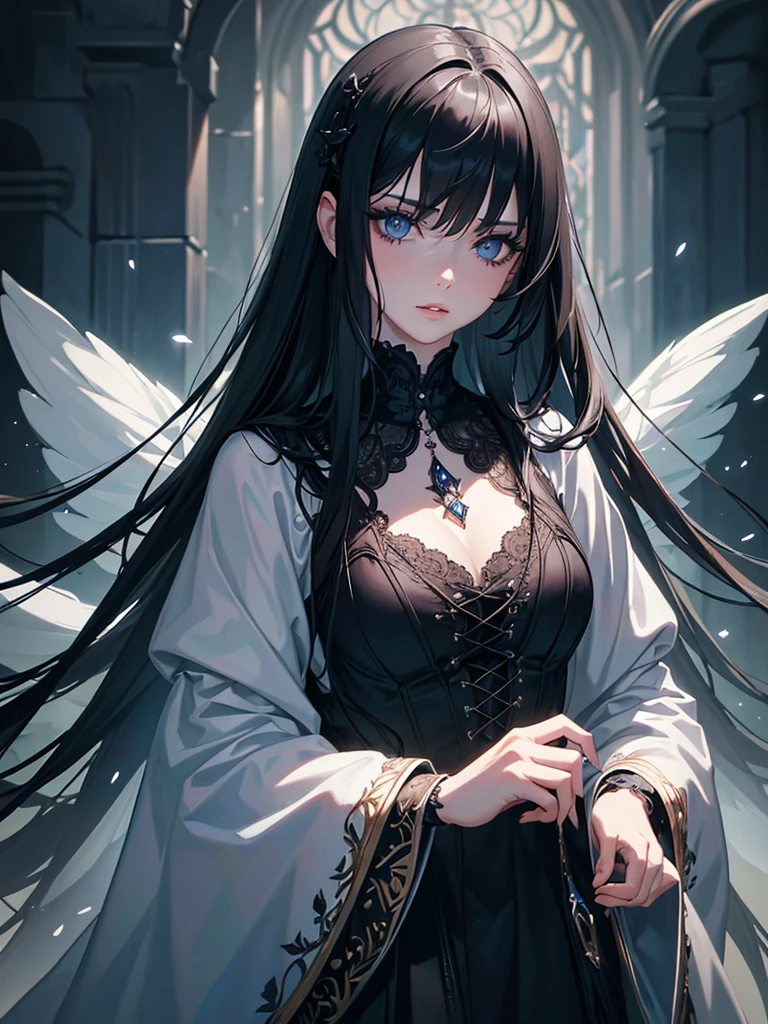 A beautiful young girl with long black hair and bangs, teary blue eyes, wearing gothic style clothing, surrounded by blue butterflies, (best quality,4k,8k,highres,masterpiece:1.2),ultra-detailed,(realistic,photorealistic,photo-realistic:1.37),intricate,elegant,melancholic,dramatic lighting,dramatic shadows,cinematic composition,highly detailed face,extremely detailed eyes and face,longeyelashes,beautiful detailed eyes,beautiful detailed lips,1girl,dark fantasy,moody,ethereal,emotive