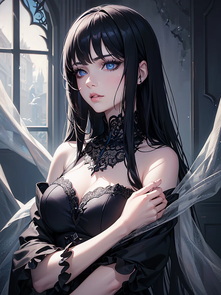 A beautiful young girl with long black hair and bangs, teary blue eyes, wearing gothic style clothing, surrounded by blue butterflies, (best quality,4k,8k,highres,masterpiece:1.2),ultra-detailed,(realistic,photorealistic,photo-realistic:1.37),intricate,elegant,melancholic,dramatic lighting,dramatic shadows,cinematic composition,highly detailed face,extremely detailed eyes and face,longeyelashes,beautiful detailed eyes,beautiful detailed lips,1girl,dark fantasy,moody,ethereal,emotive