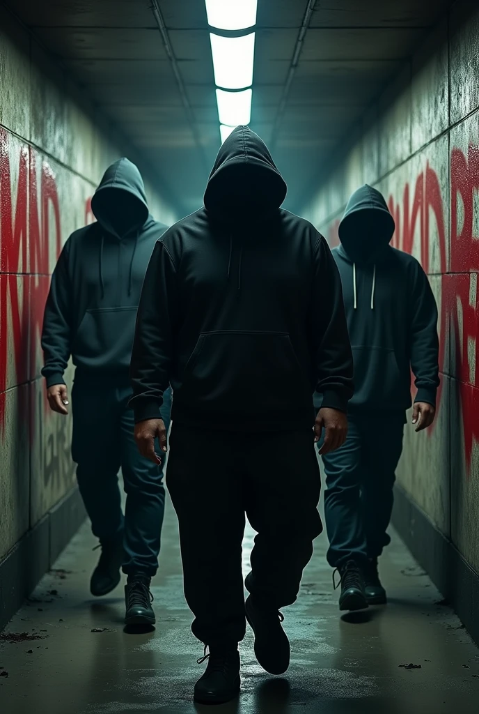 Dark subway with graffiti that says MADRED in red and 3 men walking, The 3 men's faces are not visible because they have sports hoodies that cover part of their features, one of the men is very fat, he weighs over 140 kilograms, The remaining two are thin, all men are 6 feet tall, On a wall it says MAD RED in Graffiti