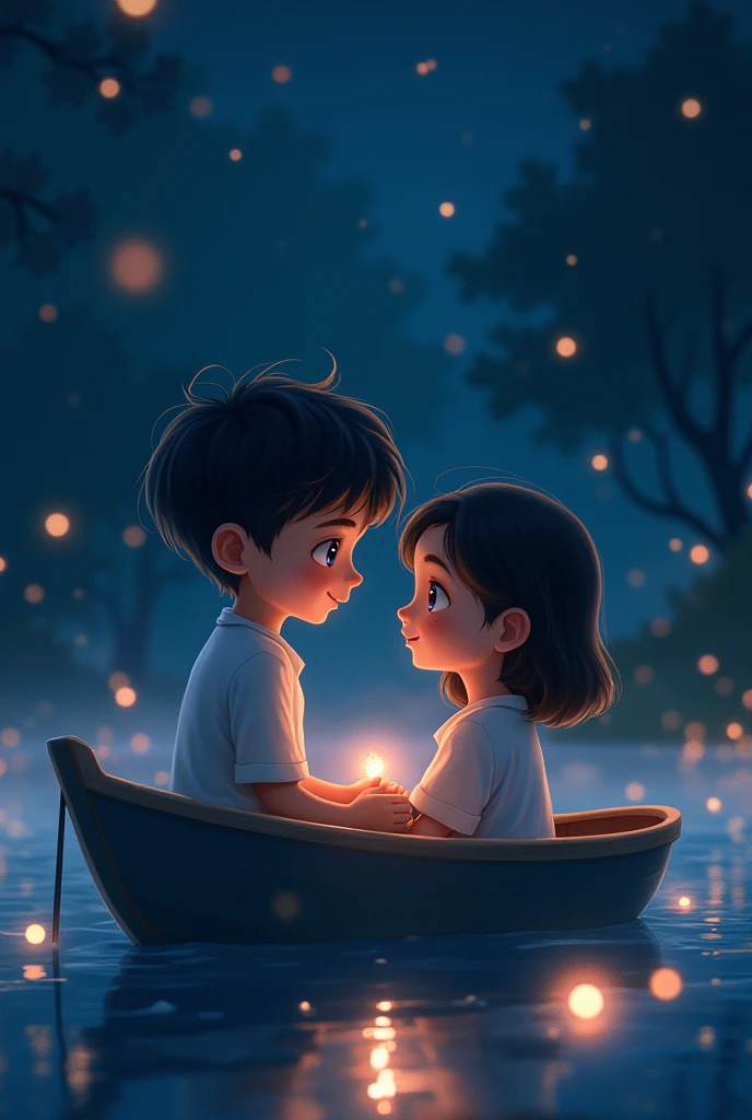 night background with floating lights. The boy has black hair, blue eyes and a few freckles that are not very visible and the girl is light brown, amber eyes, and has a slight pink tint to her cheeks they are on a boat on a lake. And the boy watches the girl while she is distracted watching the lights floating 