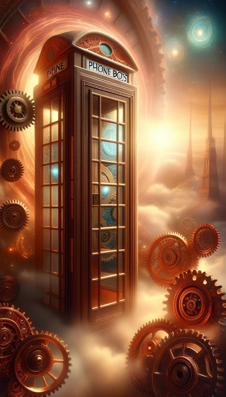 (phone booths), Forgotten Portal of Time and Space composed of a myriad of intricate, Vintage Gears, celestial sphere, coppery glow, ornate gears, sky, fog, nube, adorned with delicate filigree, Steam wisps rise from the celestial machinery, ethereal atmosphere, ultra realistic illustration, work of art, best qualityer
